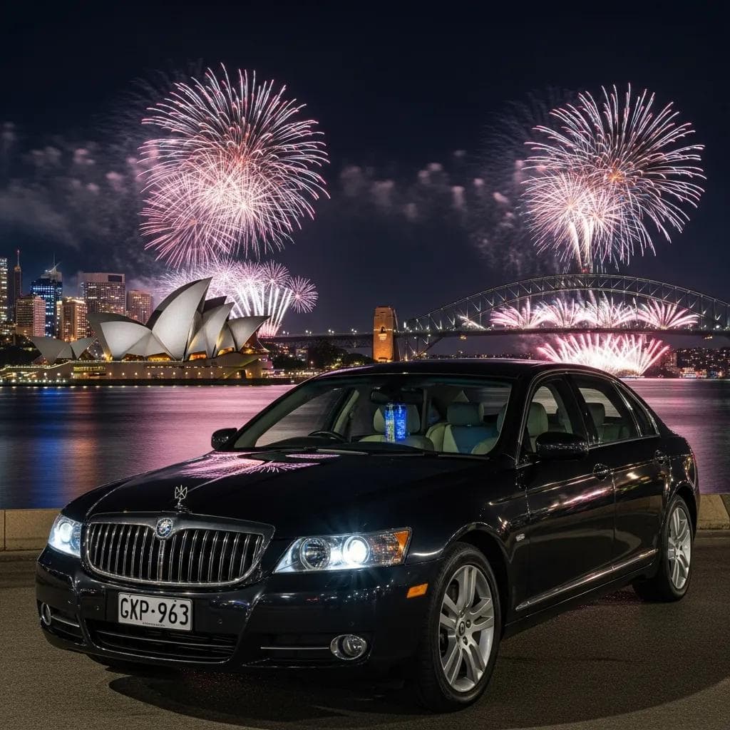 Luxury chauffeur vehicle in Sydney with fireworks backdrop for New Year's Eve