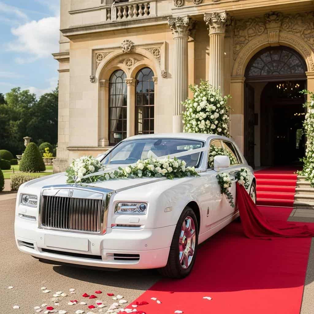 Professional chauffeur assisting a bride at a luxury wedding car