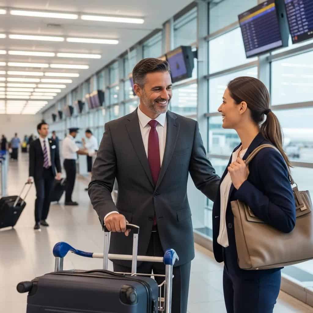 Professional chauffeur assisting passenger with luggage at airport