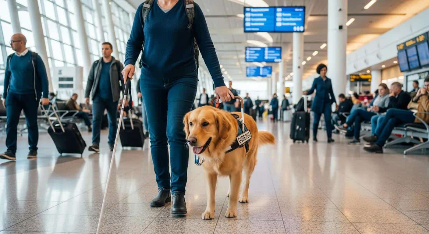Person using a white cane walking with a guide dog in an airport terminal, illustrating accessible travel options and support for passengers with assistance animals.