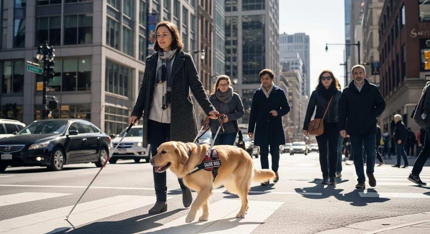 Person with a guide dog navigating a city street, symbolizing the rights of individuals with assistance animals