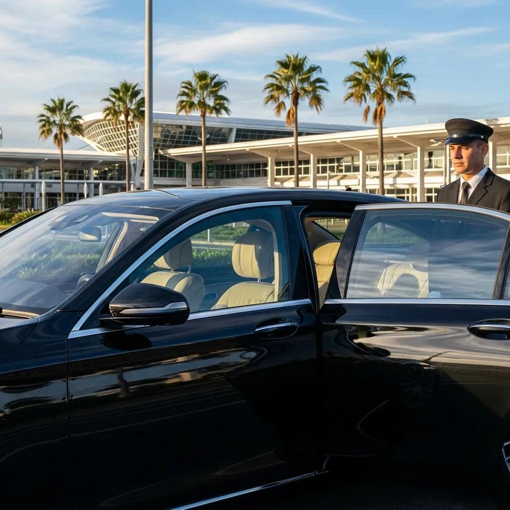 Luxury private chauffeur vehicle at Gold Coast airport, emphasizing premium travel experience