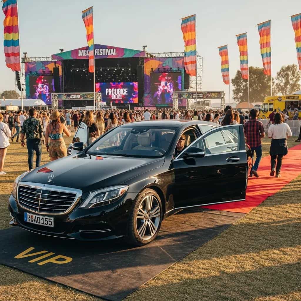 Luxury private transport vehicle in front of a music festival, enhancing the festival experience
