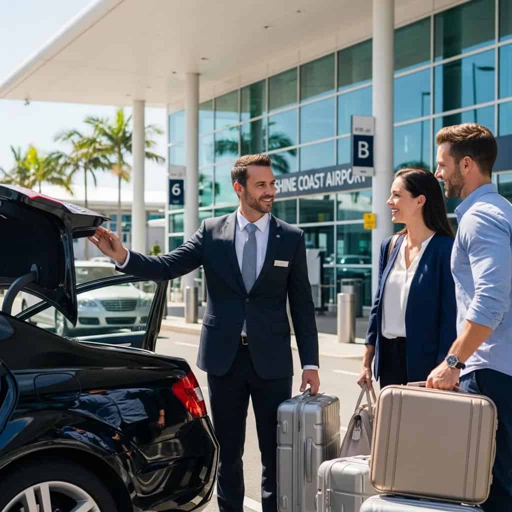 Professional driver assisting passengers at Sunshine Coast Airport, highlighting service quality
