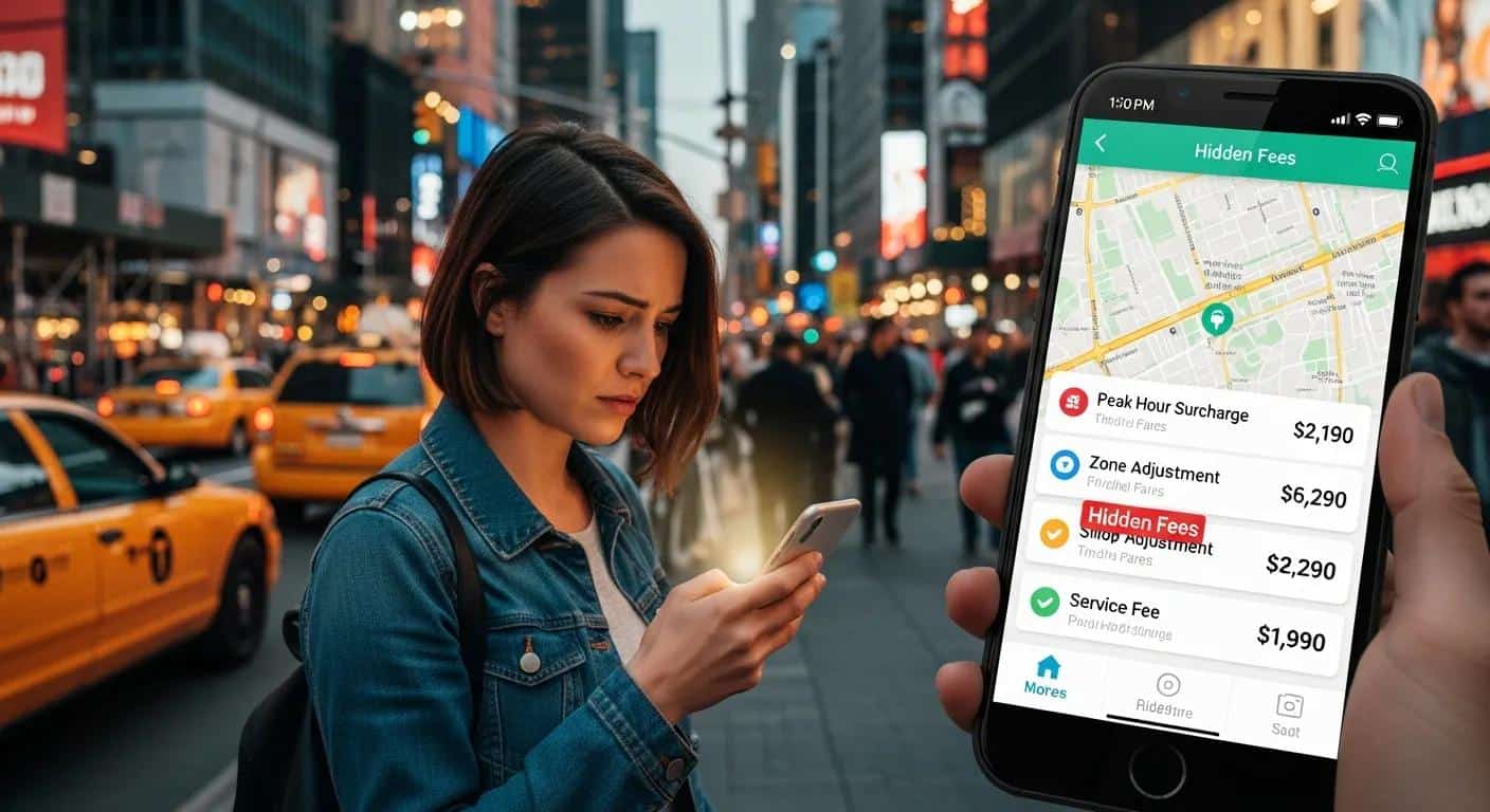 Passenger looking at rideshare app showing hidden fees in a busy city environment