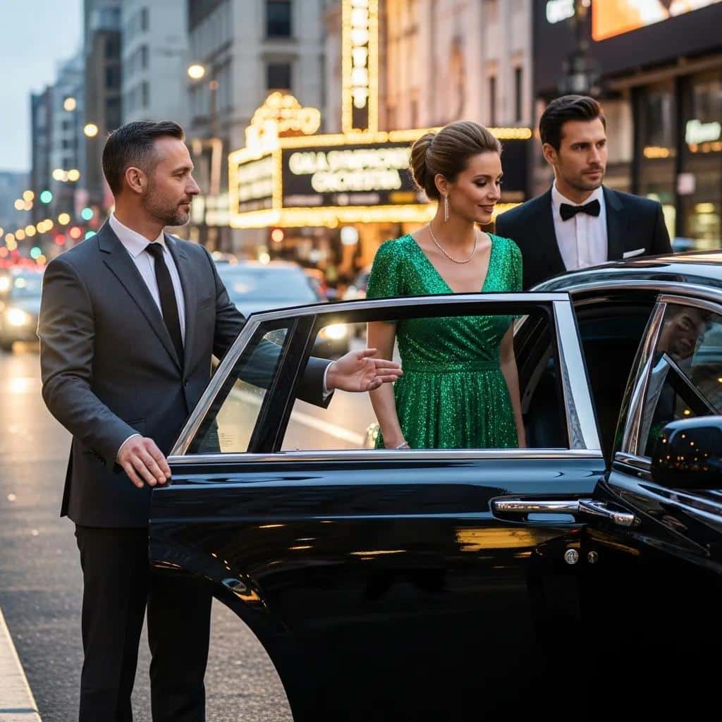Chauffeur assisting concert-goers, showcasing luxury and personalized service