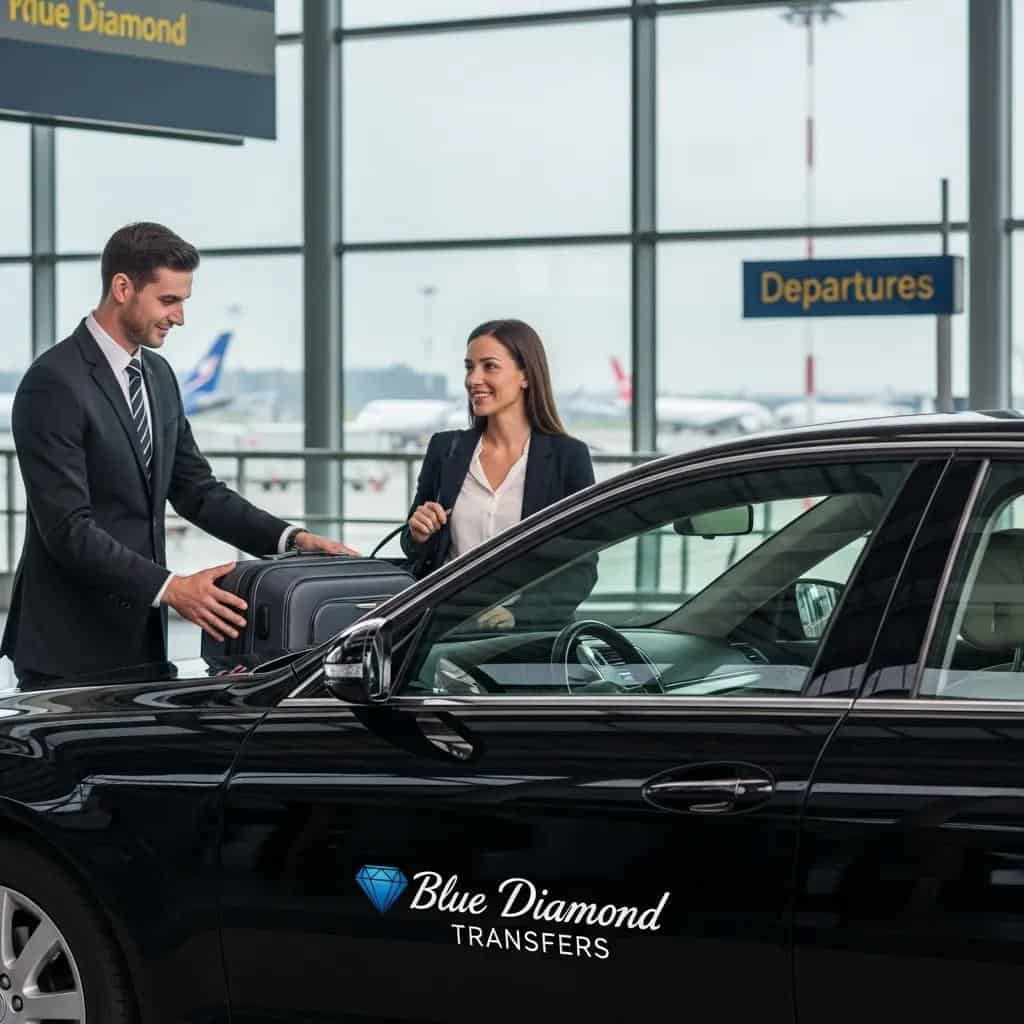 Chauffeur assisting passenger at airport, illustrating personalized luxury service