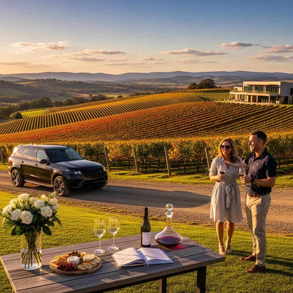 Couple enjoying a luxury wine tour in a vineyard in Orange NSW, highlighting wine tourism experiences
