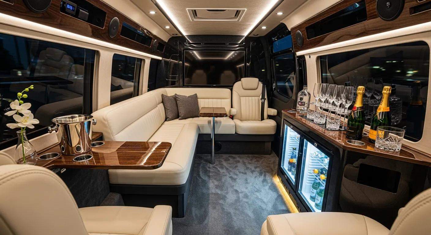 Interior of a luxury vehicle showcasing premium features for concert transport