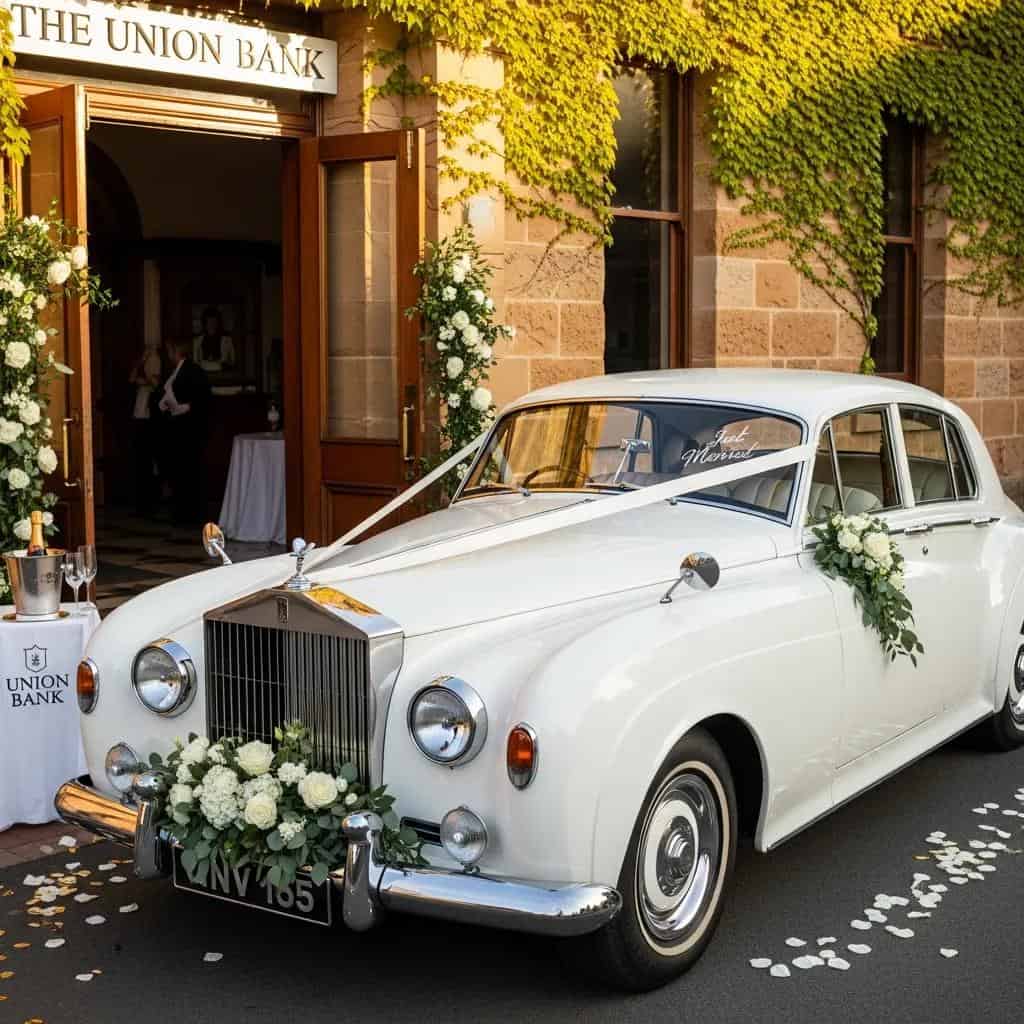 Elegant wedding car outside a venue in Orange NSW, showcasing luxury wedding transport options
