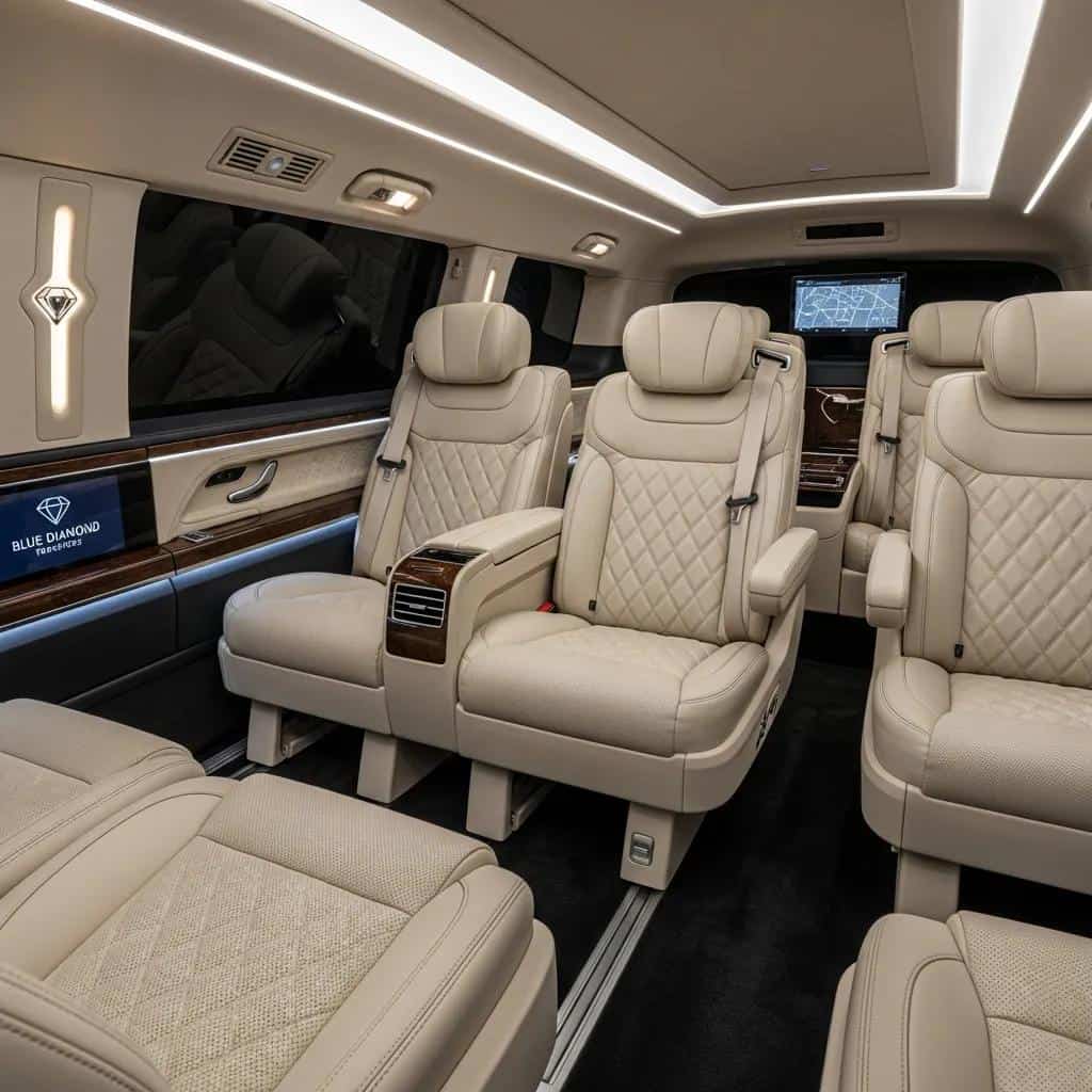 Interior of a luxury vehicle for corporate transfers, showcasing comfort and elegance