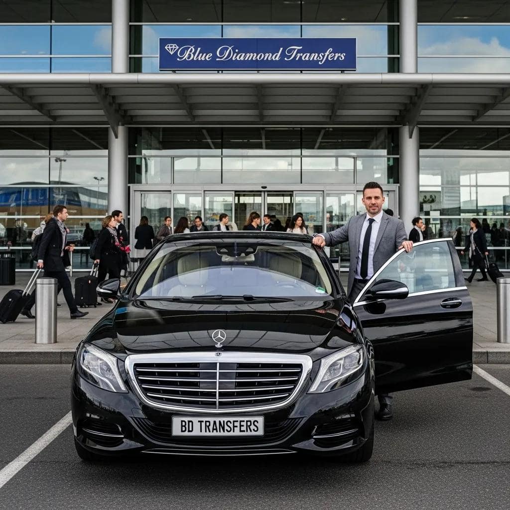 Luxury sedan with chauffeur at airport, representing premium transportation services