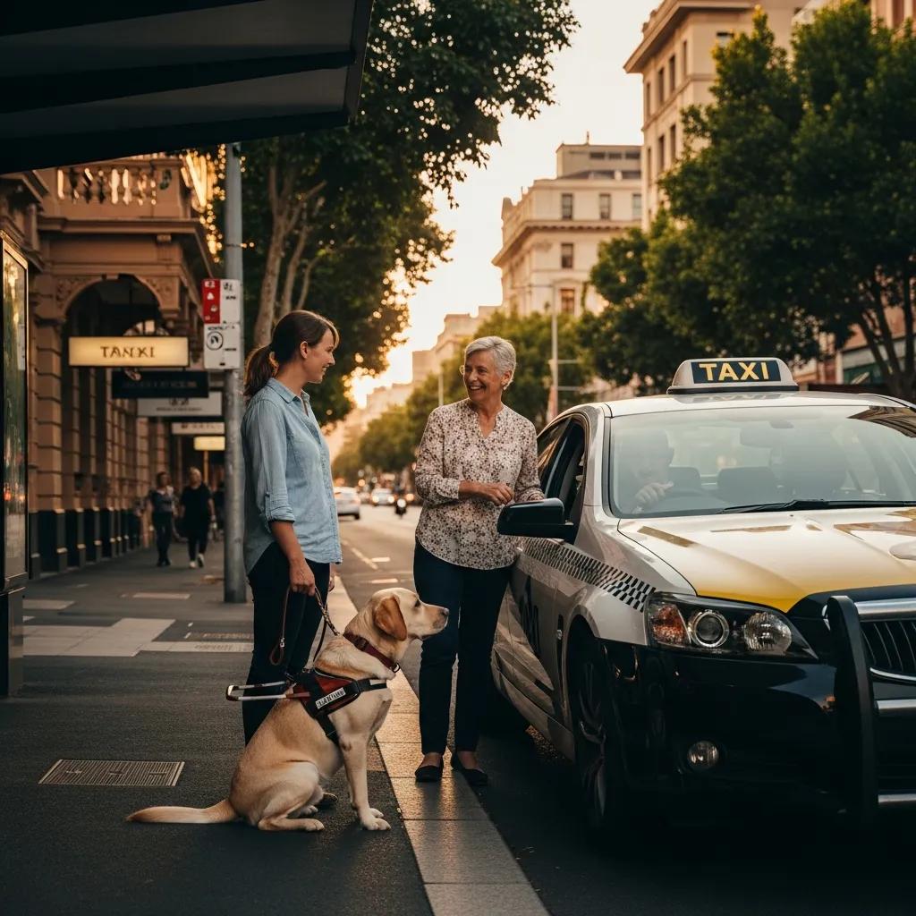Person with a guide dog waiting for an accessible taxi in an urban Australian setting