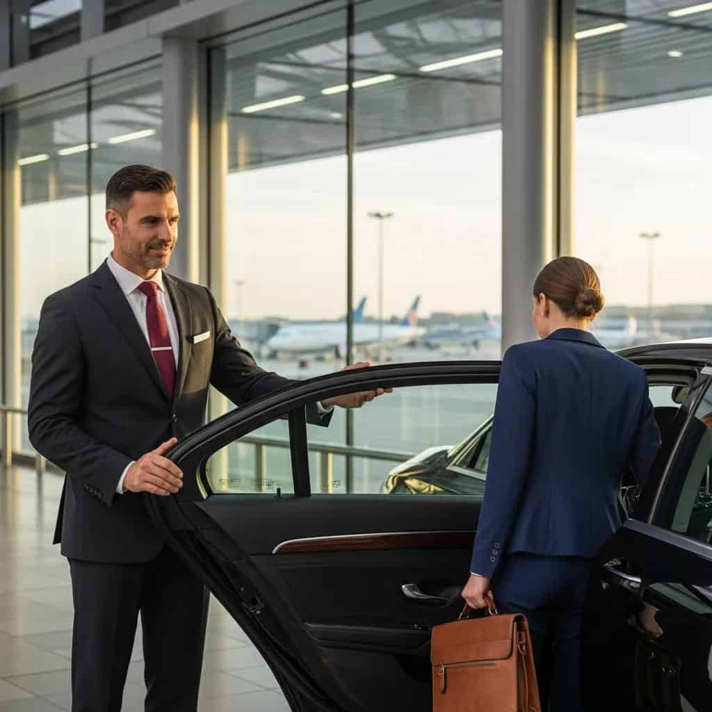 Professional chauffeur with luxury vehicle at an airport, enhancing travel experience