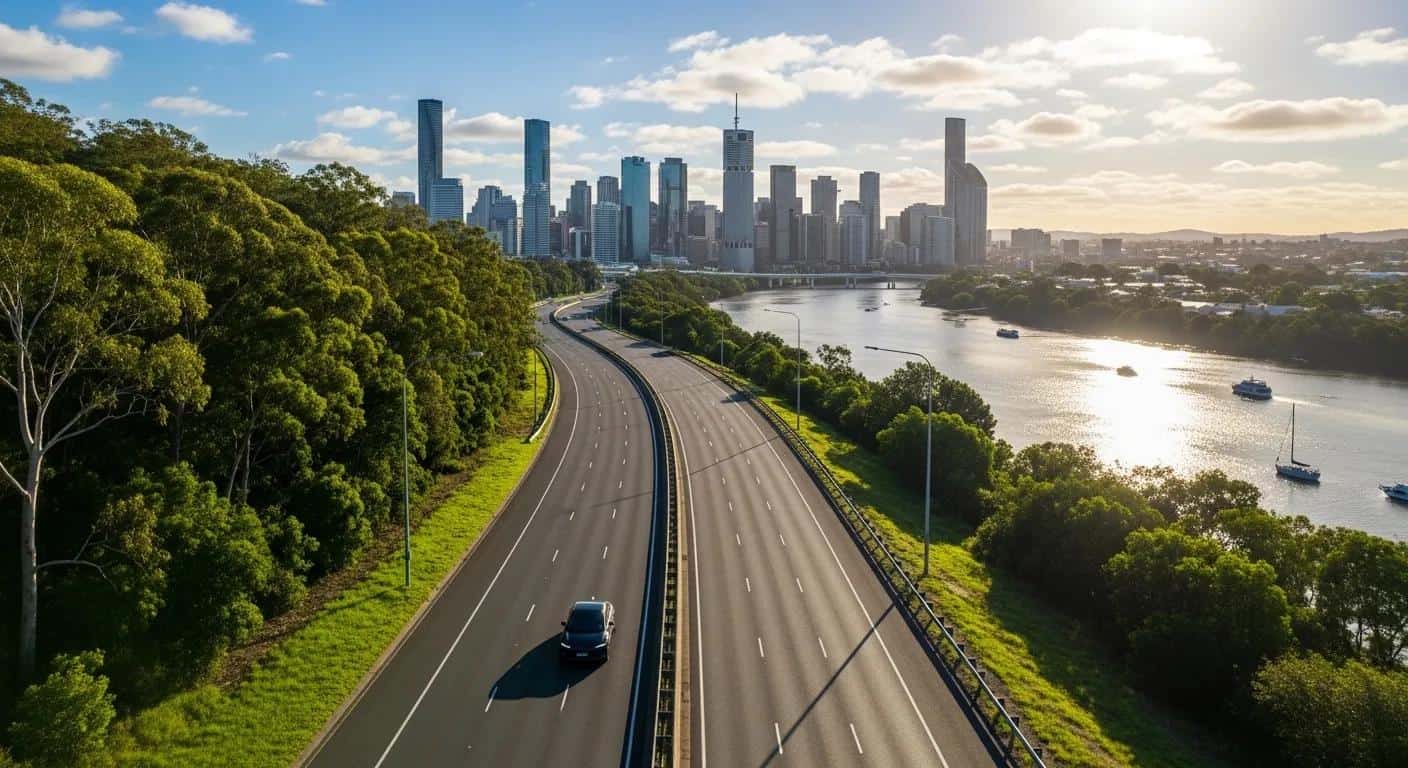 Scenic route from Brisbane Airport to CBD, showcasing a smooth travel experience with city skyline
