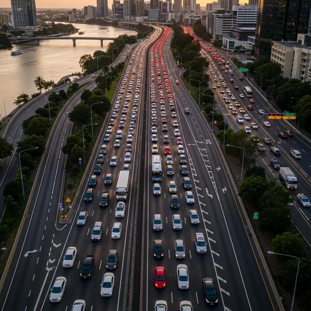 Aerial view of congested Brisbane highway, illustrating traffic challenges for airport access