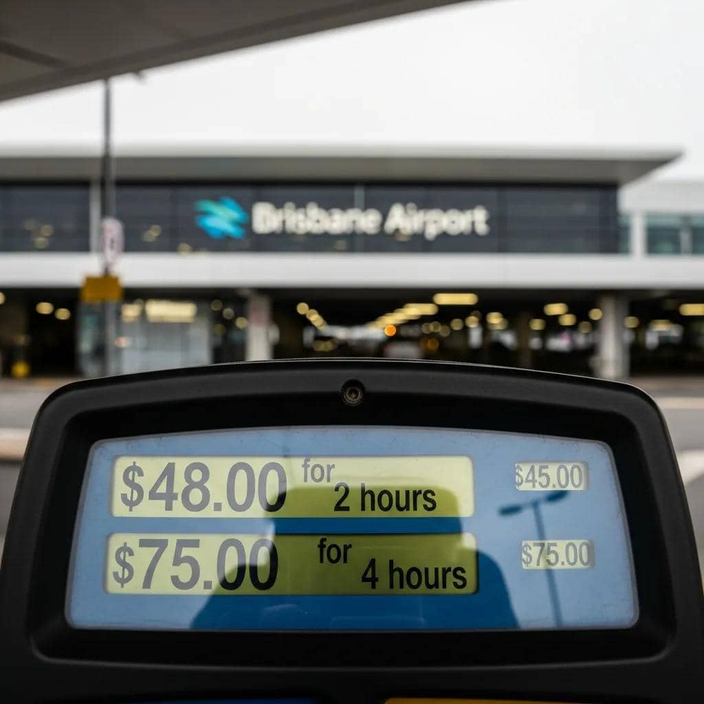 Close-up of a parking meter at Brisbane Airport, illustrating high parking fees and traveler frustration