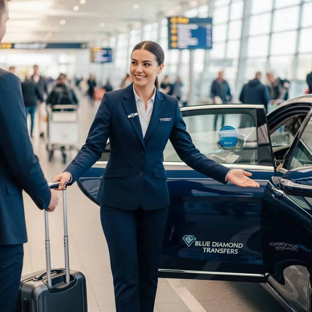 Female chauffeur from Blue Diamond Transfers assisting a client at the airport