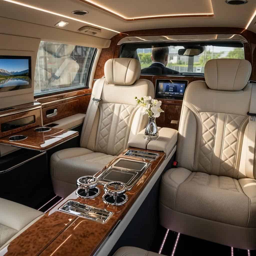 Interior of a luxury chauffeur-driven vehicle, illustrating comfort and premium service
