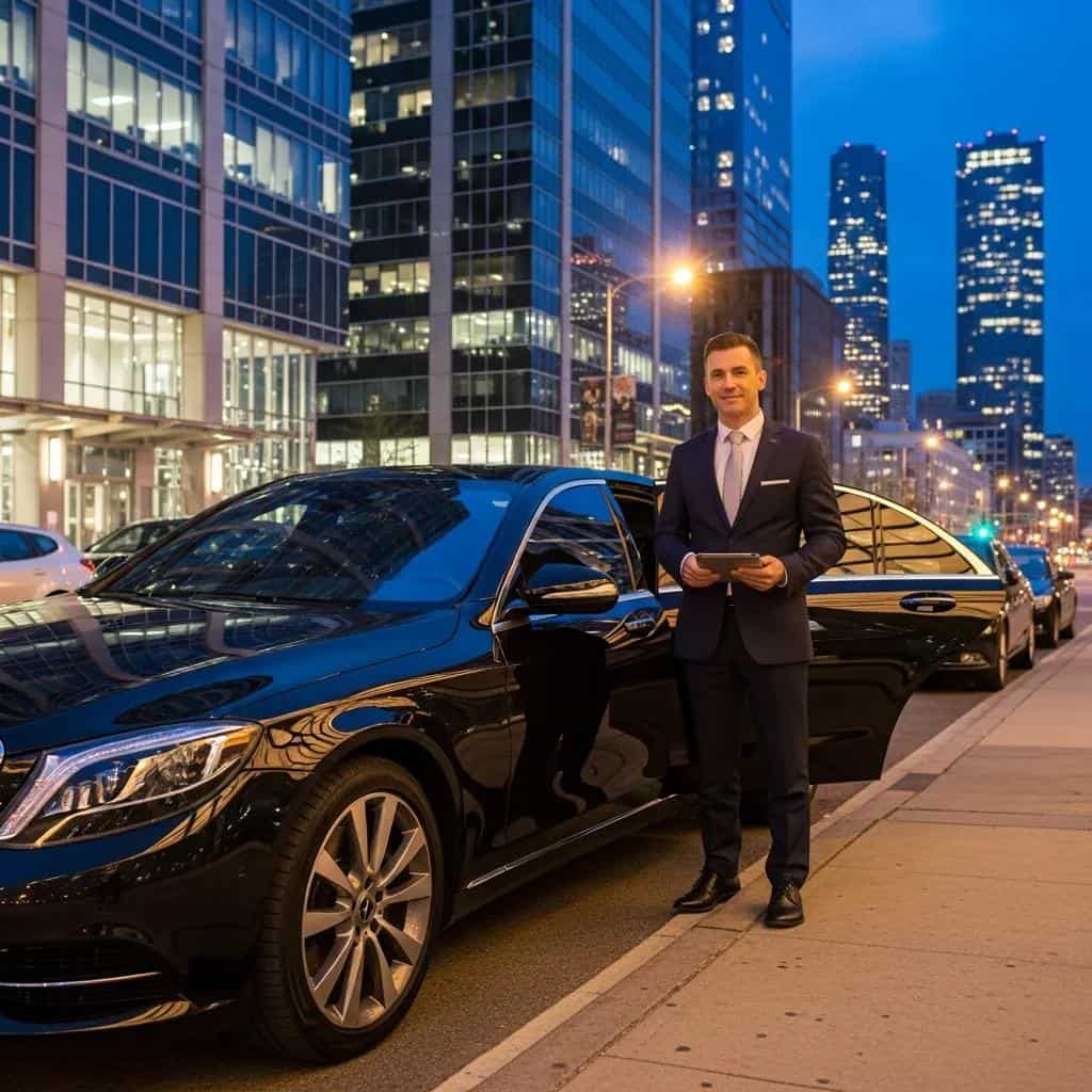 Luxurious chauffeur vehicle in an upscale urban setting representing premium ground transportation options