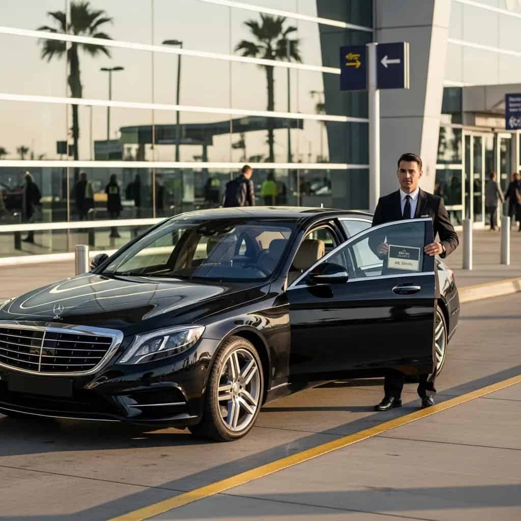 Luxury airport transfer vehicle with chauffeur at modern airport terminal