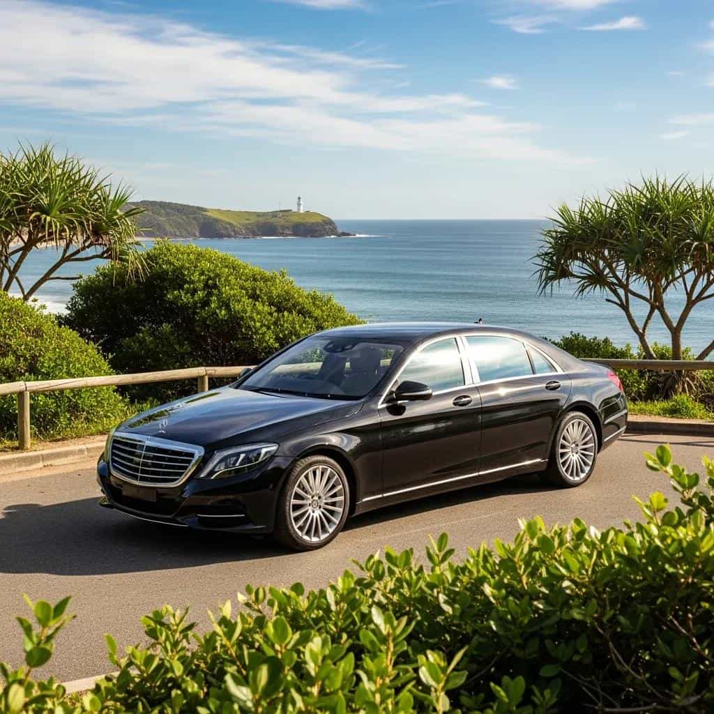 Luxury chauffeur vehicle at Byron Bay highlighting premium airport transfer services