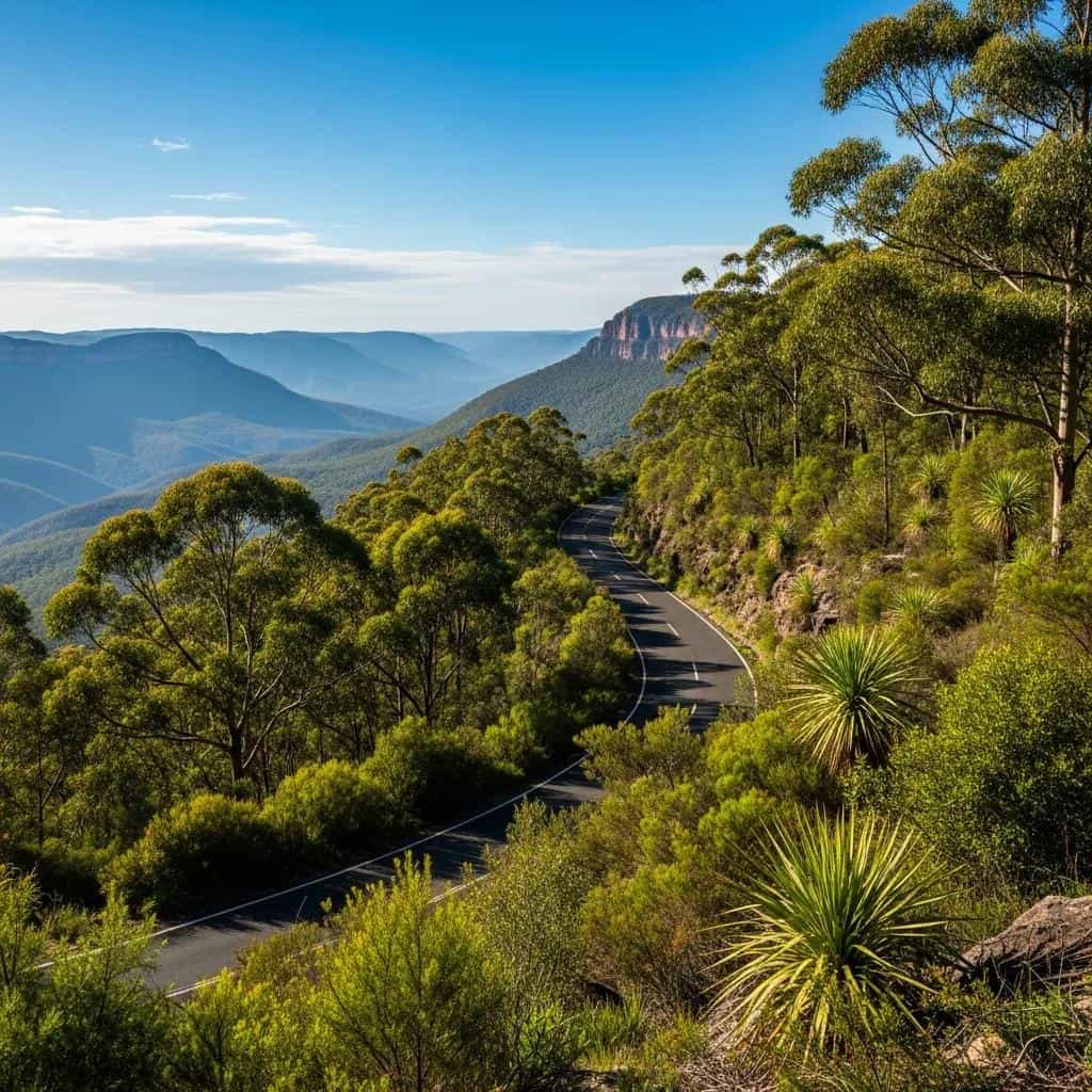 Scenic view of the Blue Mountains showcasing lush landscapes and winding roads for alternative travel routes