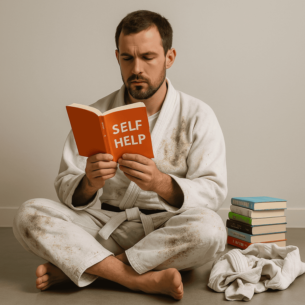 Politics, Ideology, and the Academy: Why It Matters and Why Some Want It Gone 2 A man in a dirty white Brazilian Jiu-Jitsu gi with a white belt sits cross-legged on the floor, deeply focused on reading an orange self-help book titled "SELF-HELP." Next to him is a stack of similar books and a crumpled gi top, highlighting the tension between intellectual advice and lived practice.