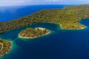 Aerial view of Mljet Island and St Marija (St Mary) monastery
