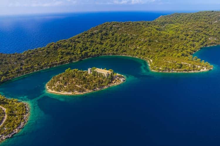 Aerial view of Mljet Island and St Marija (St Mary) monastery