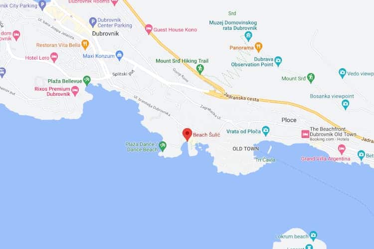 google map of the location of Sulic Beach in Dubrovnik.
