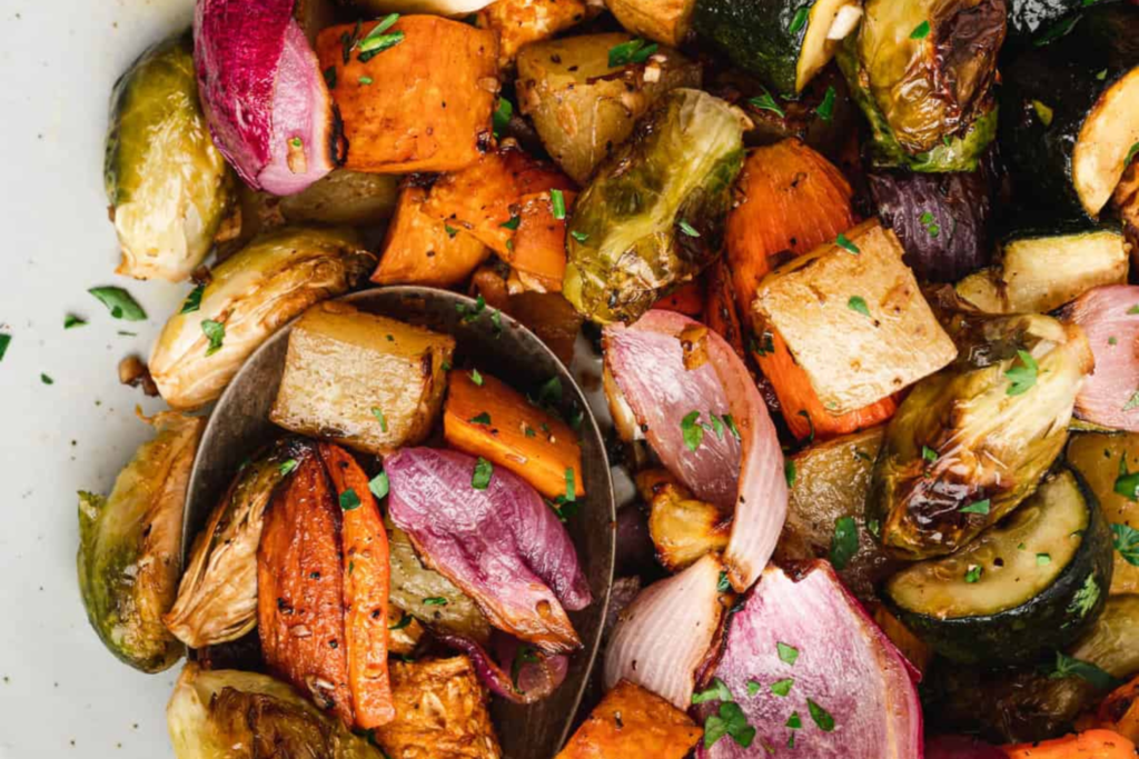 PAN ROASTED FALL VEGETABLES WITH POMEGRANATE BALSAMIC & HERBS DE PROVENCE OLIVE OIL