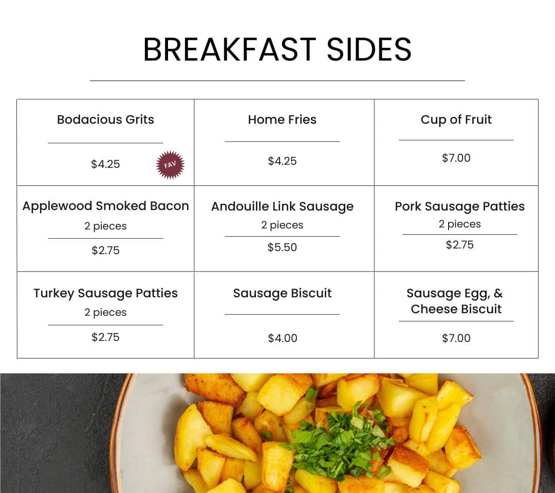 Bodacious Shops breakfast sides menu featuring crispy bodacious grits, savory home fries, fresh cup of fruit, smoked bacon, and flavorful sausage options with prices.