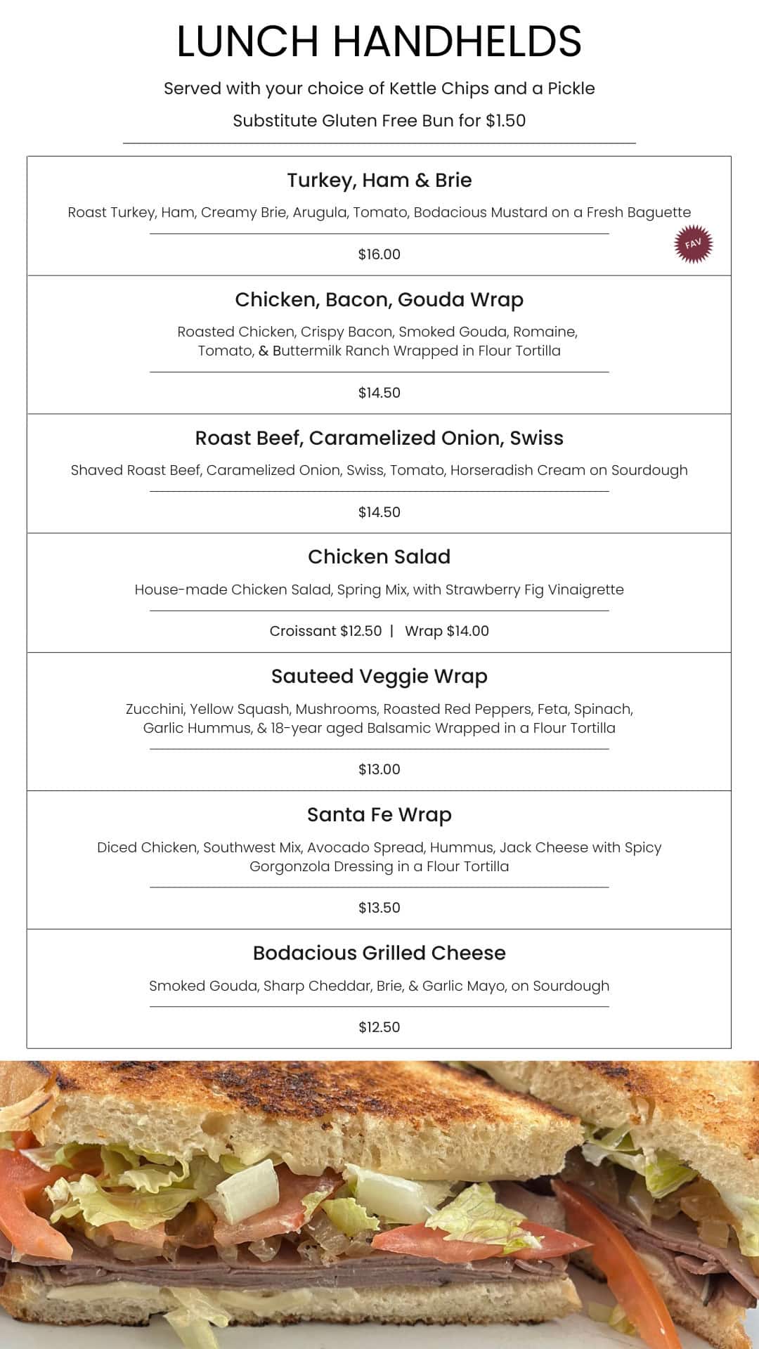 Savory lunch handholds menu featuring turkey, ham, brie, chicken, bacon, gouda, and veggie wraps at Bodacious Shops. Perfect for quick, delicious meals with fresh ingredients.