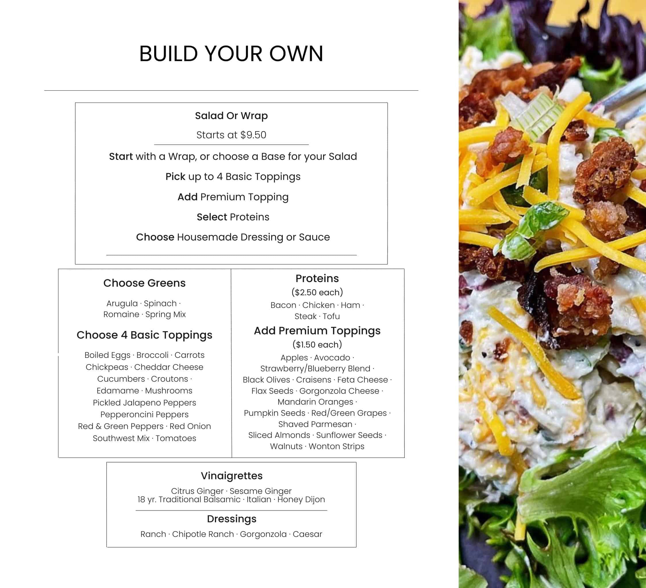 Build your own salad or wrap with fresh ingredients and toppings at Bodacious Shops, featuring customizable options for salads, proteins, greens, toppings, dressings, and vinagrettes.