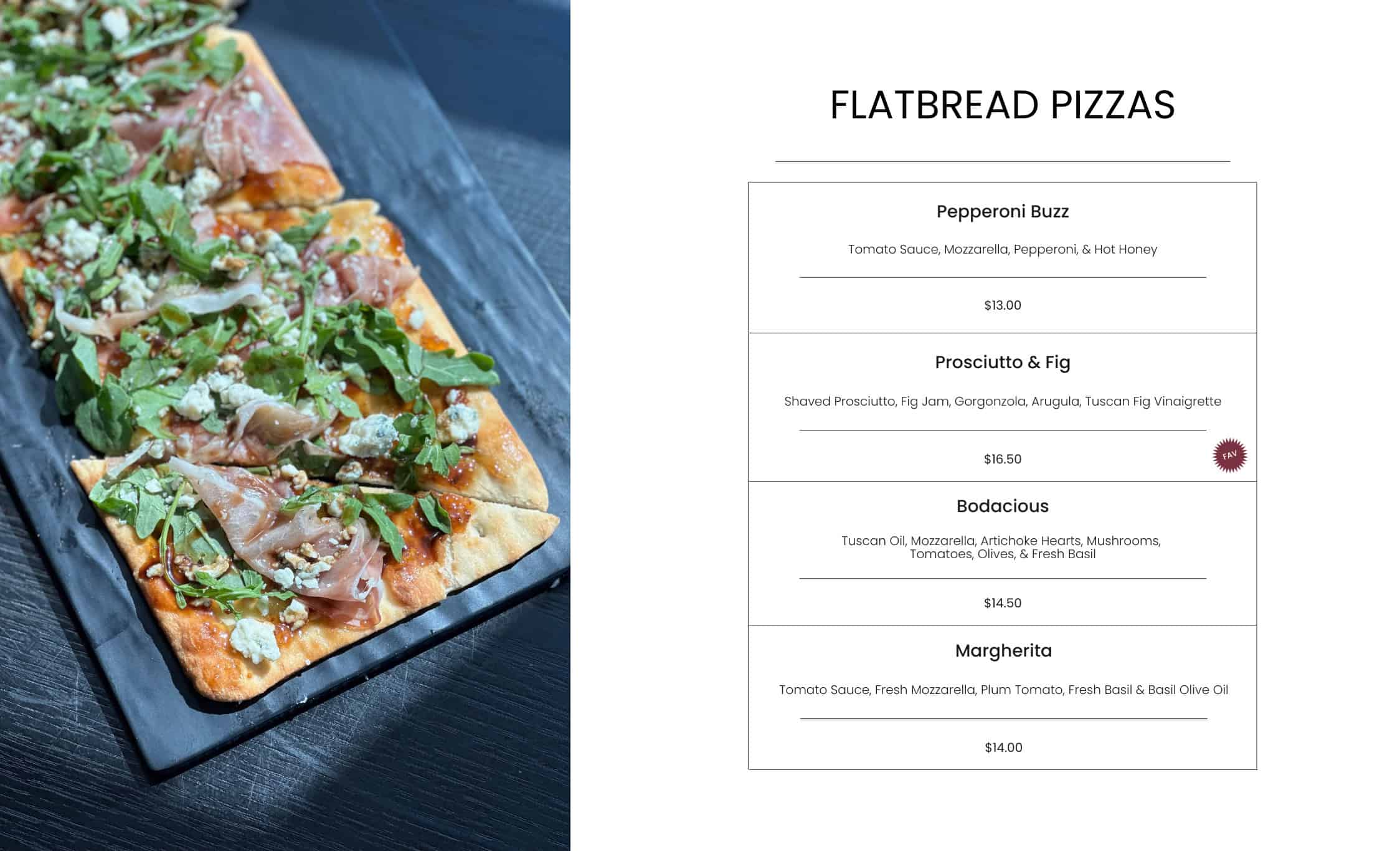 Delicious flatbread pizza topped with prosciutto, arugula, blue cheese, and fresh herbs on a black serving tray. Perfect for a savory Italian-inspired meal.