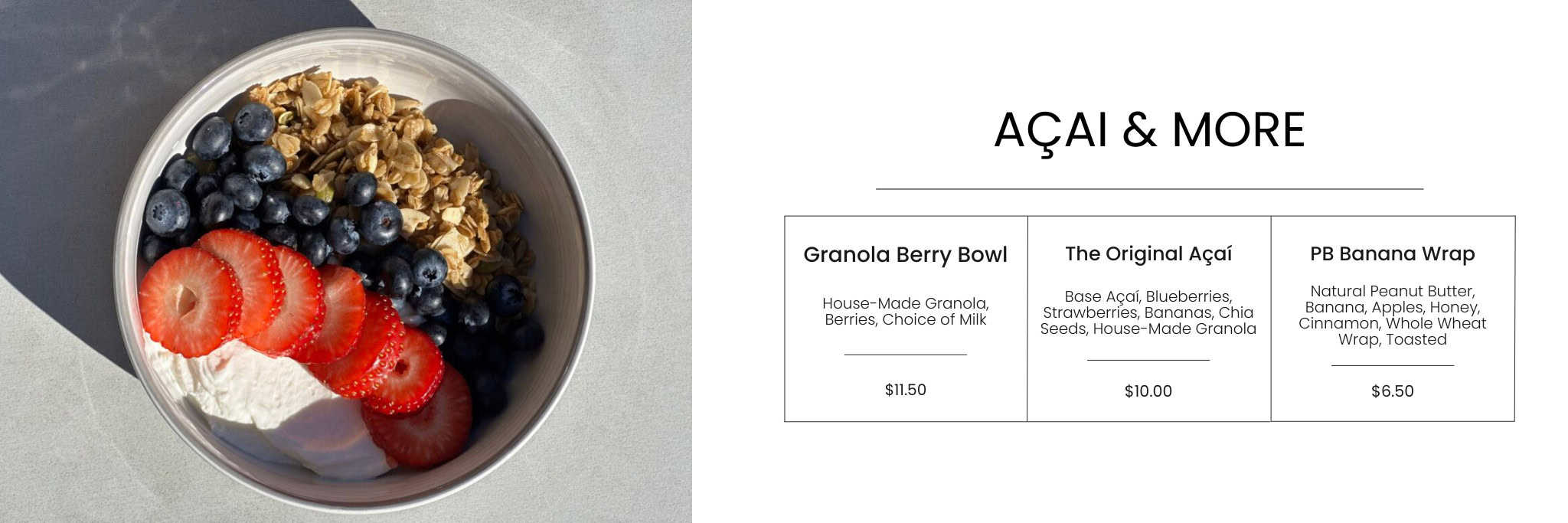 Blueberry and strawberry acai bowl with granola, healthy breakfast options at Bodacious Shops.