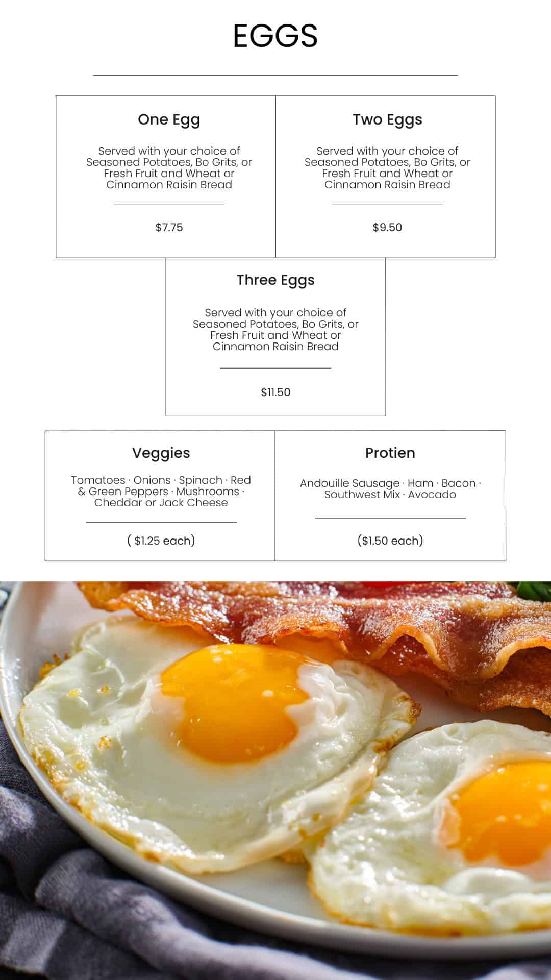 Golden fried eggs served with crispy bacon on a white plate, showing a delicious breakfast meal.