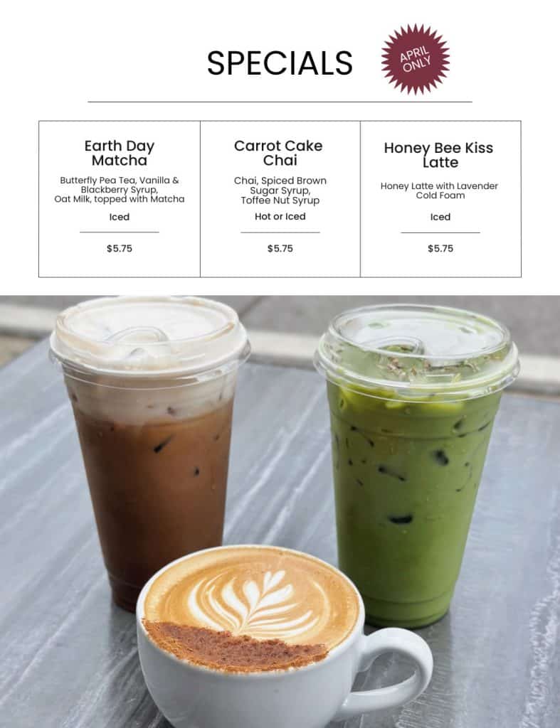 Creamy iced coffee and matcha latte with latte art on a gray wooden table at Bodacious Shops.