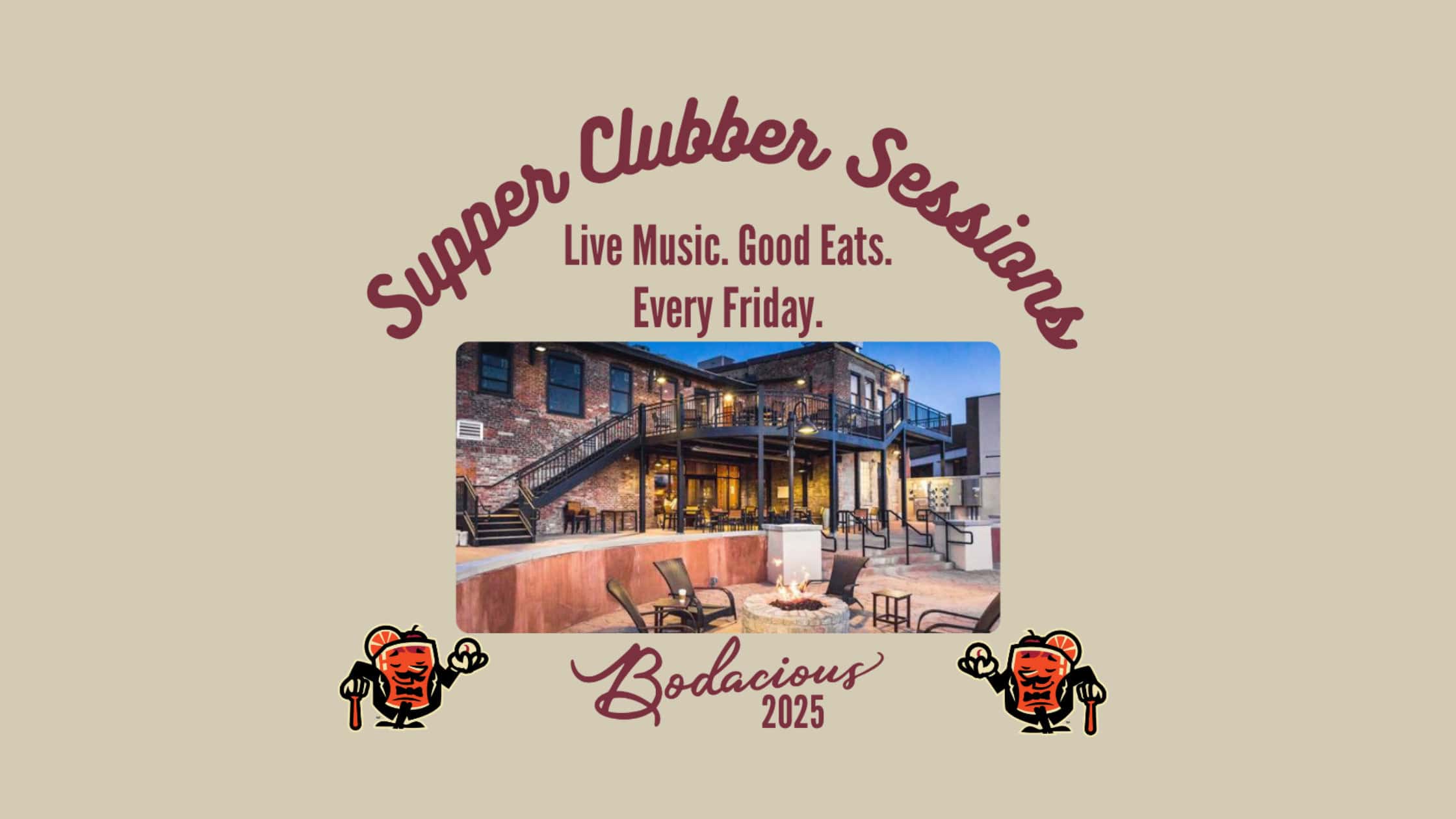 SUpperClubberSessions Relaxed outdoor patio area at Bodacious Shops with seating, fire pit, and string lights, perfect venue for live music and good eats every Friday. A lively community gathering space in a historic building.
