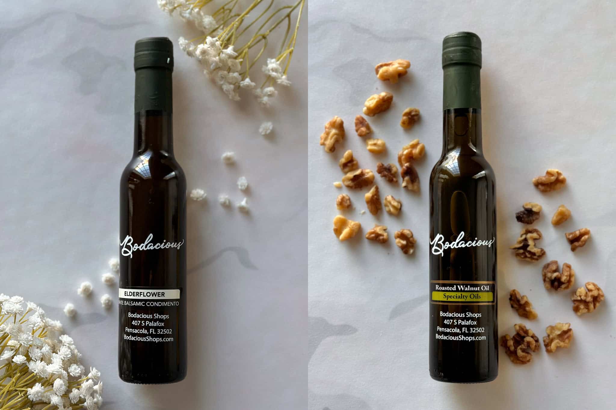 Elderflower balsamic condiment bottle with dried white flowers in background, natural aesthetic, premium quality ingredients, Bodacious Shops, Florida, specialty food products.