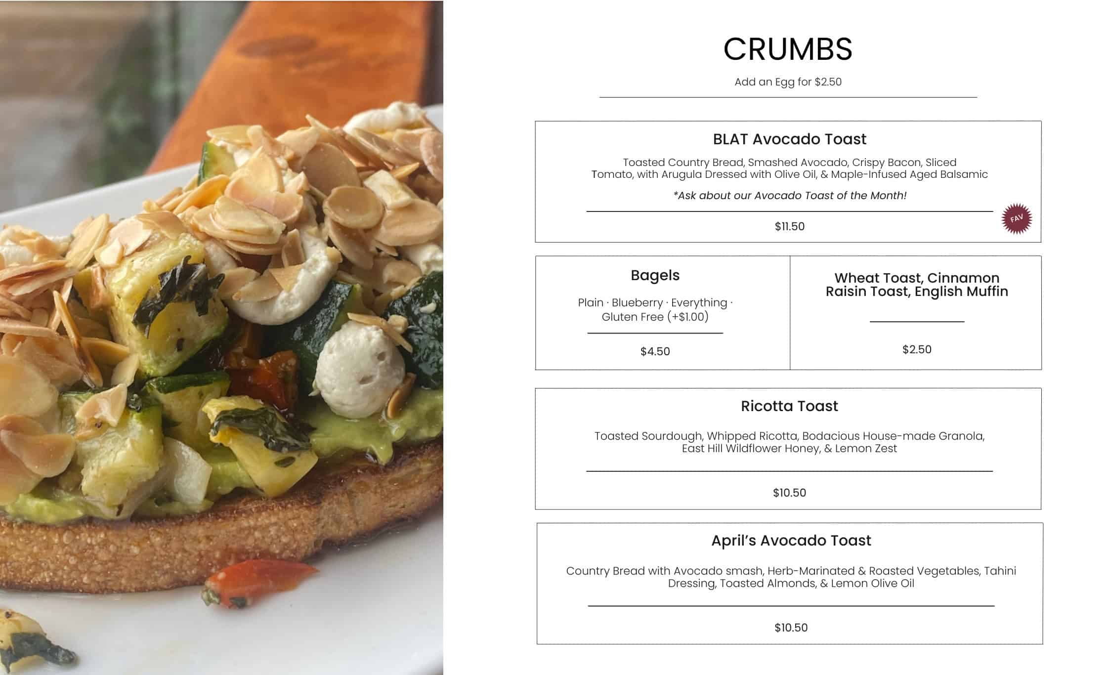 Savory avocado toast topped with mixed vegetables and toasted slivered almonds, served on crispy bread. Perfect for breakfast or brunch at Bodacious Shops.