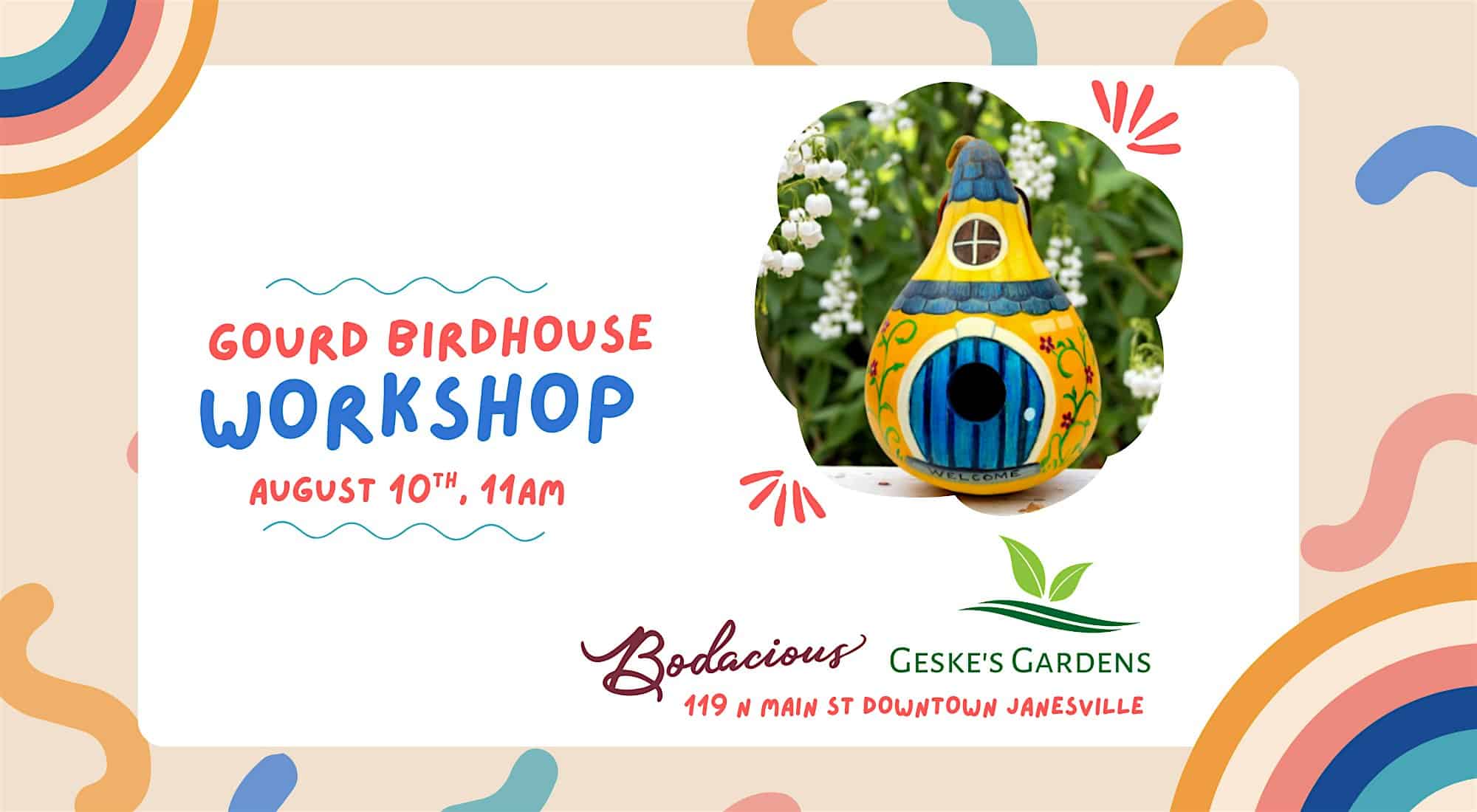 Gourd birdhouse with colorful hand-painted designs, perfect for garden decor or birdwatching enthusiasts.