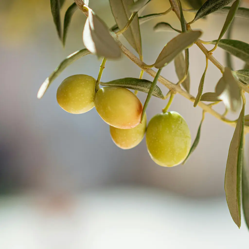 Green olives hanging from an olive tree branch, fresh and ready for harvest or processing, showcasing natural crop abundance.