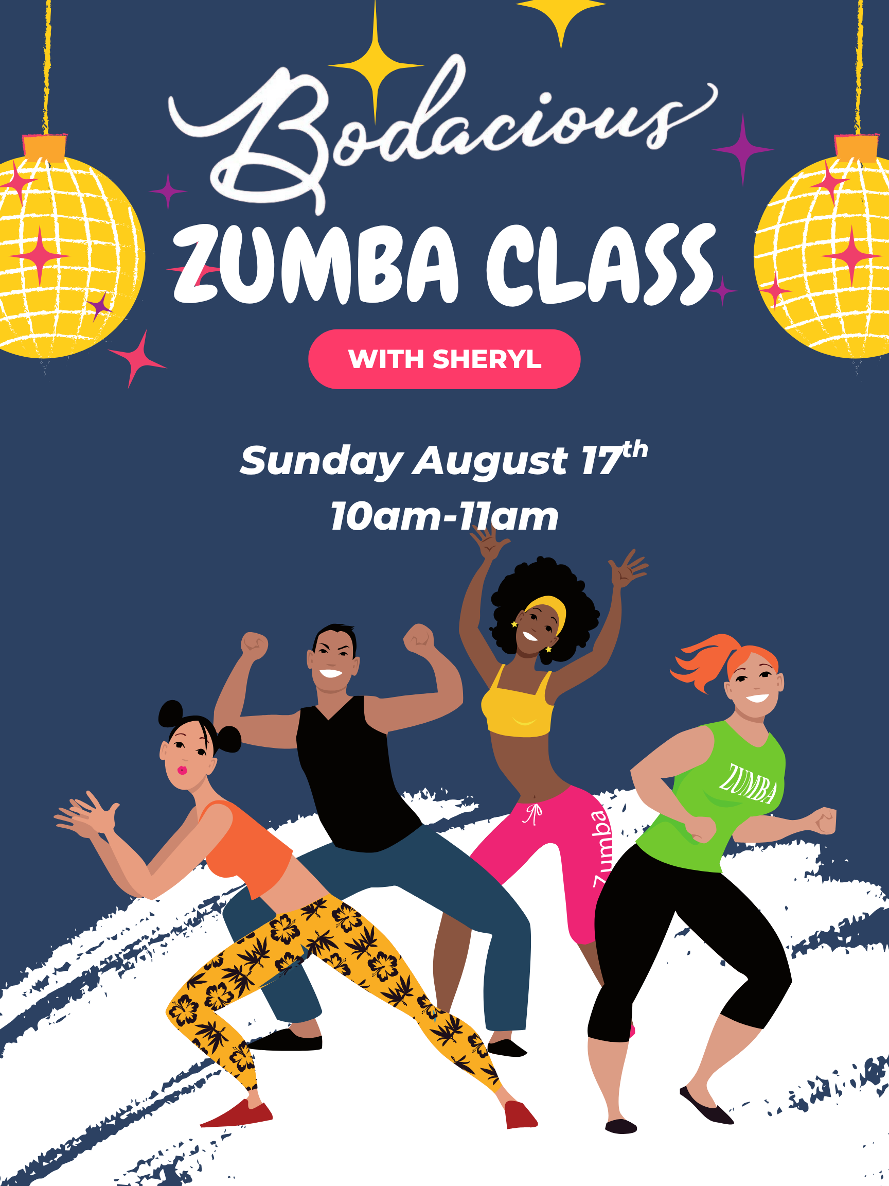 Zumba class poster showcasing diverse women dancing with vibrant attire, promoting an energetic fitness event by Bodacious Shops.