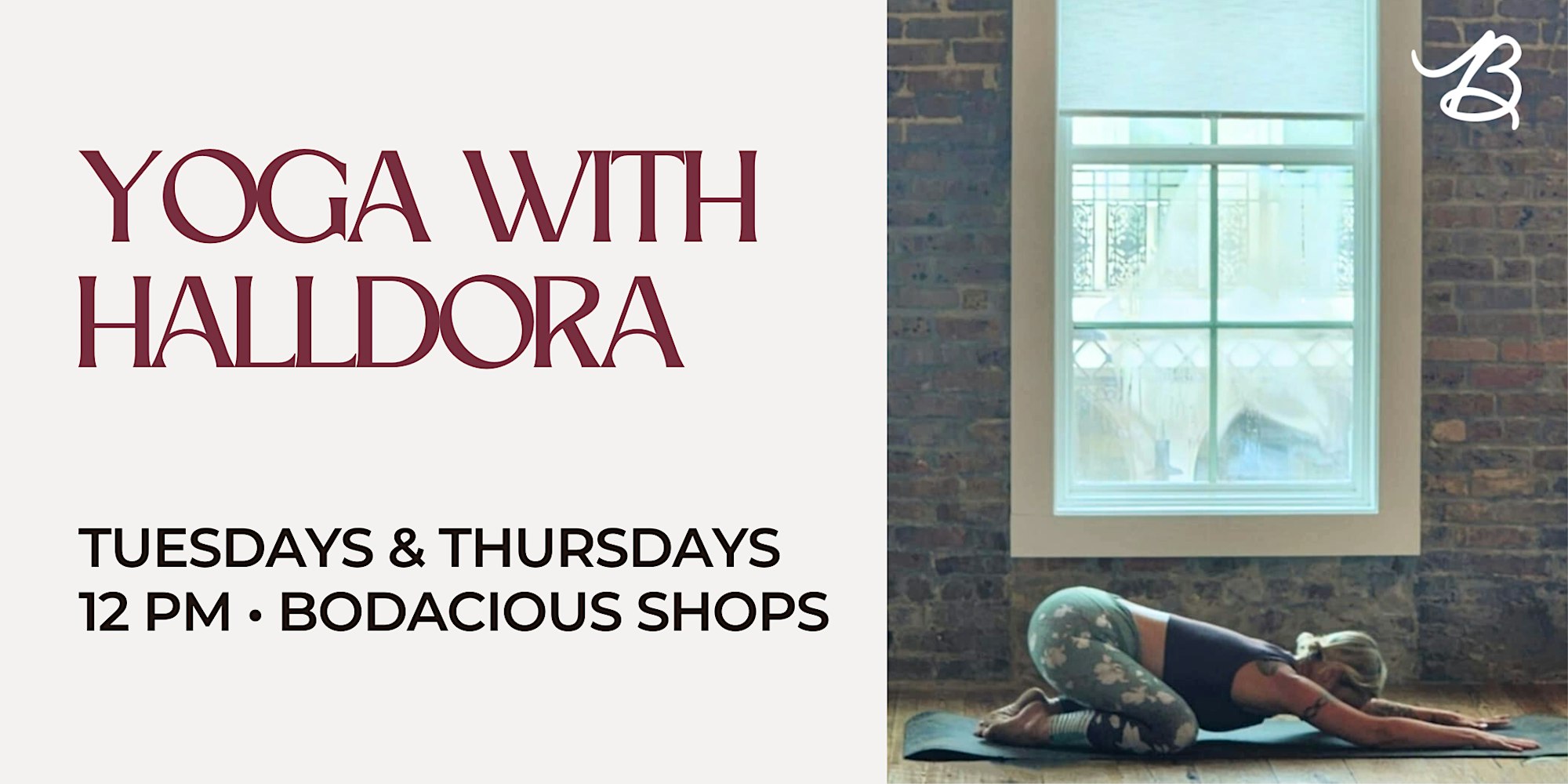 cd7fe78ce6d12d65b796d1cbef474147-P5OUuy.tmp_ Bright woman practicing yoga pose during session at Bodacious Shops, promoting yoga classes with Halldora. Focus on wellness, fitness, and relaxation through yoga classes on Tuesdays and Thursdays.