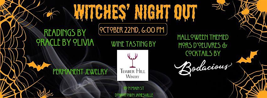 A Halloween-themed event poster for Bodacious Shops featuring magical evening activities like oracle readings, wine tasting, and Halloween-inspired hors d'oeuvres and cocktails.