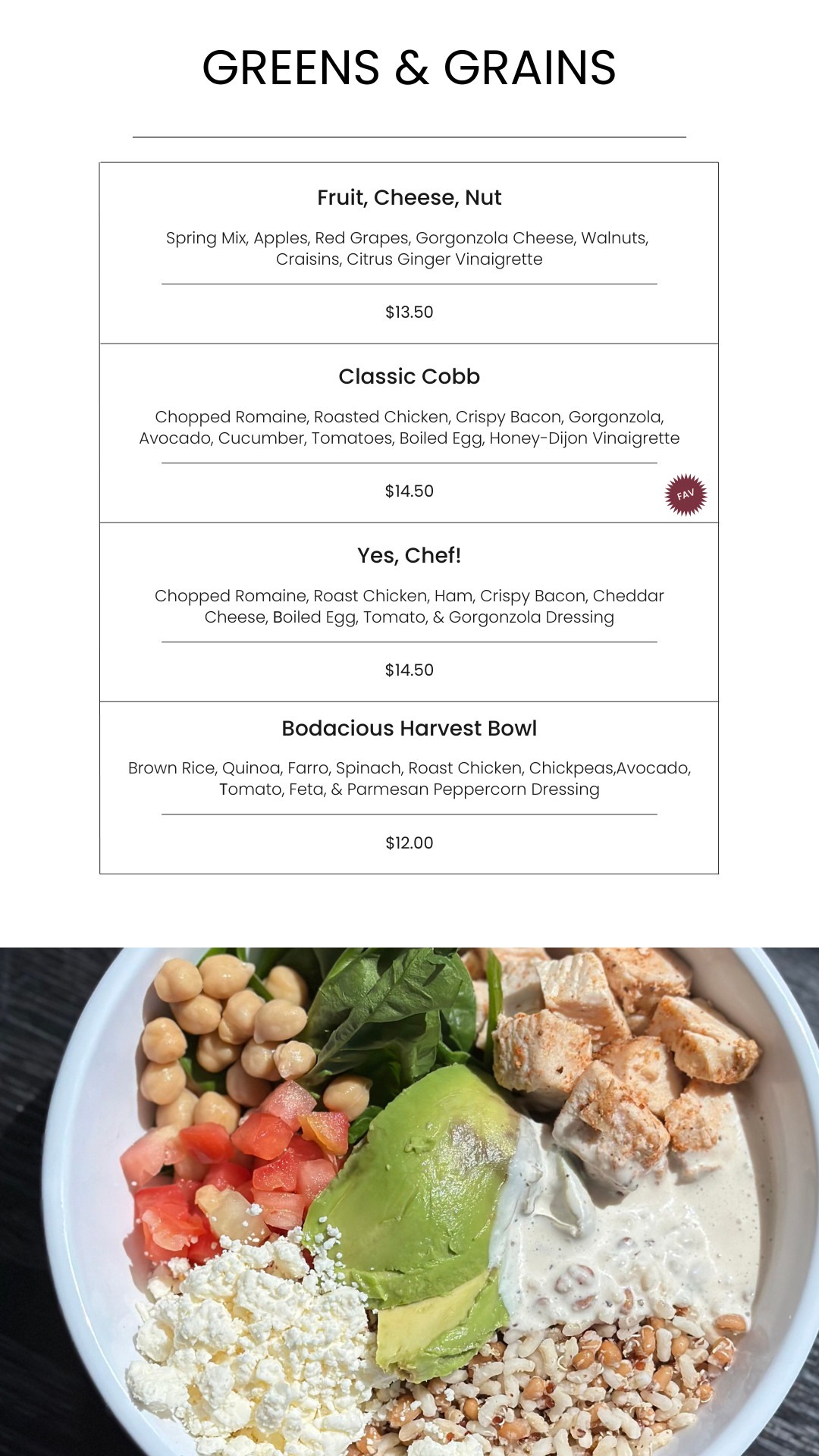 Fresh mixed greens, avocado, chickpeas, and feta in a Bodacious Harvest Bowl, served with grilled chicken, quinoa, spinach, tomato, and parmesan dressing, perfect for healthy eating and plant-based diets.