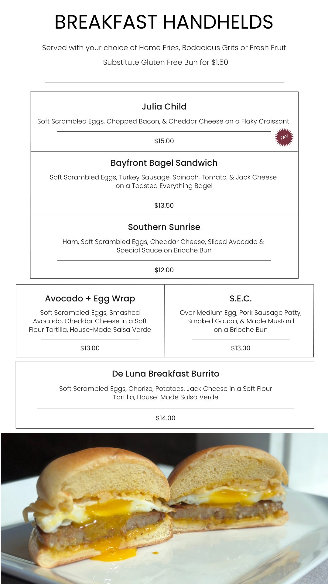 Delicious breakfast sandwich with scrambled eggs, bacon, and cheddar cheese on a flaky croissant at Bodacious Shops.