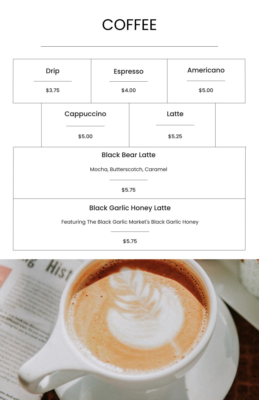 Rich coffee menu featuring various espresso drinks including latte, cappuccino, and black garlic honey latte at Bodacious Shops. Perfect for coffee lovers seeking quality beverages.